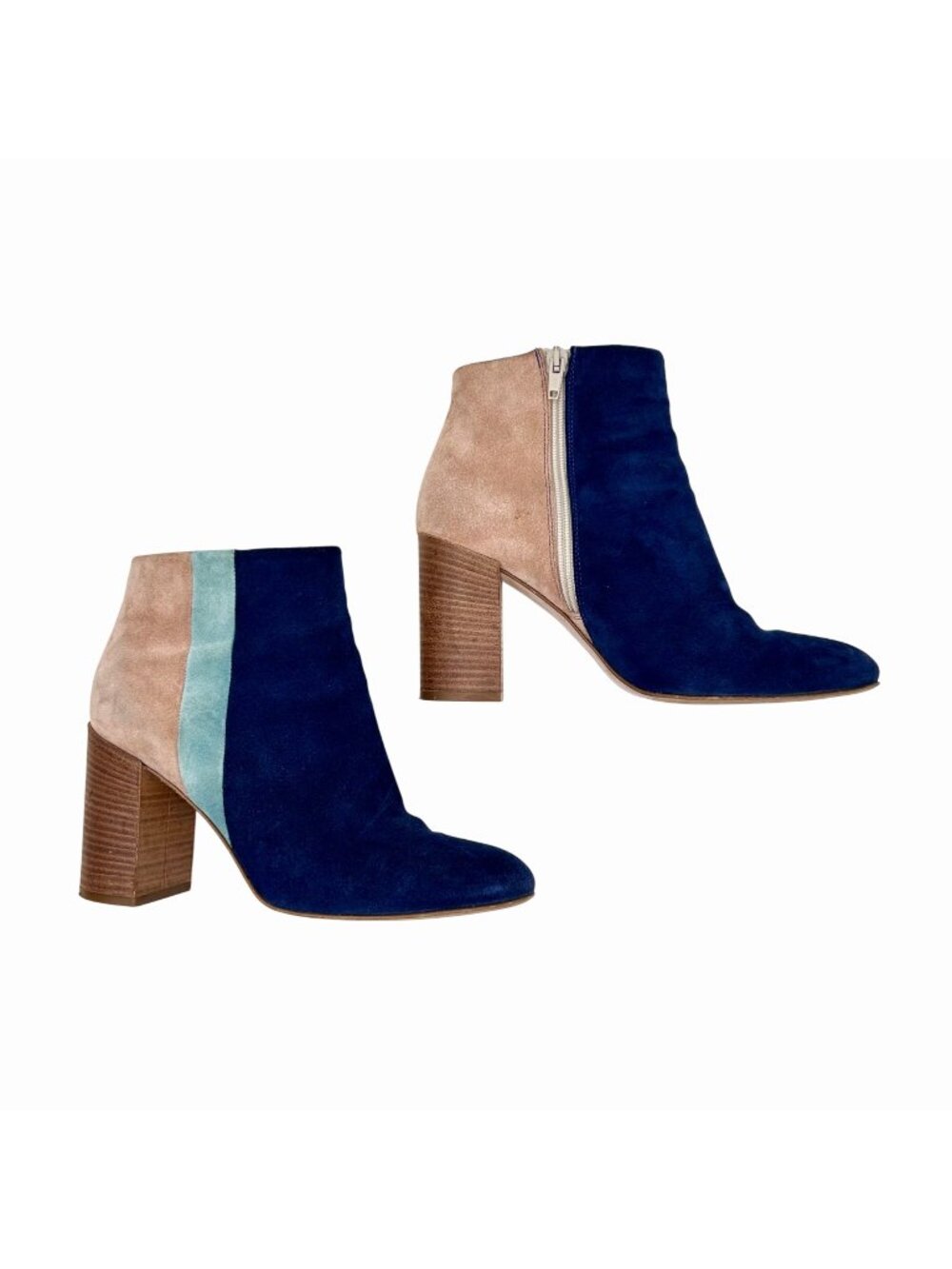 PAOLA FERRI BLUE BEIGE COLORBLOCK SUEDE ANKLE BOOTS W/ SIDE ZIPPER SZ 39 (8.5)